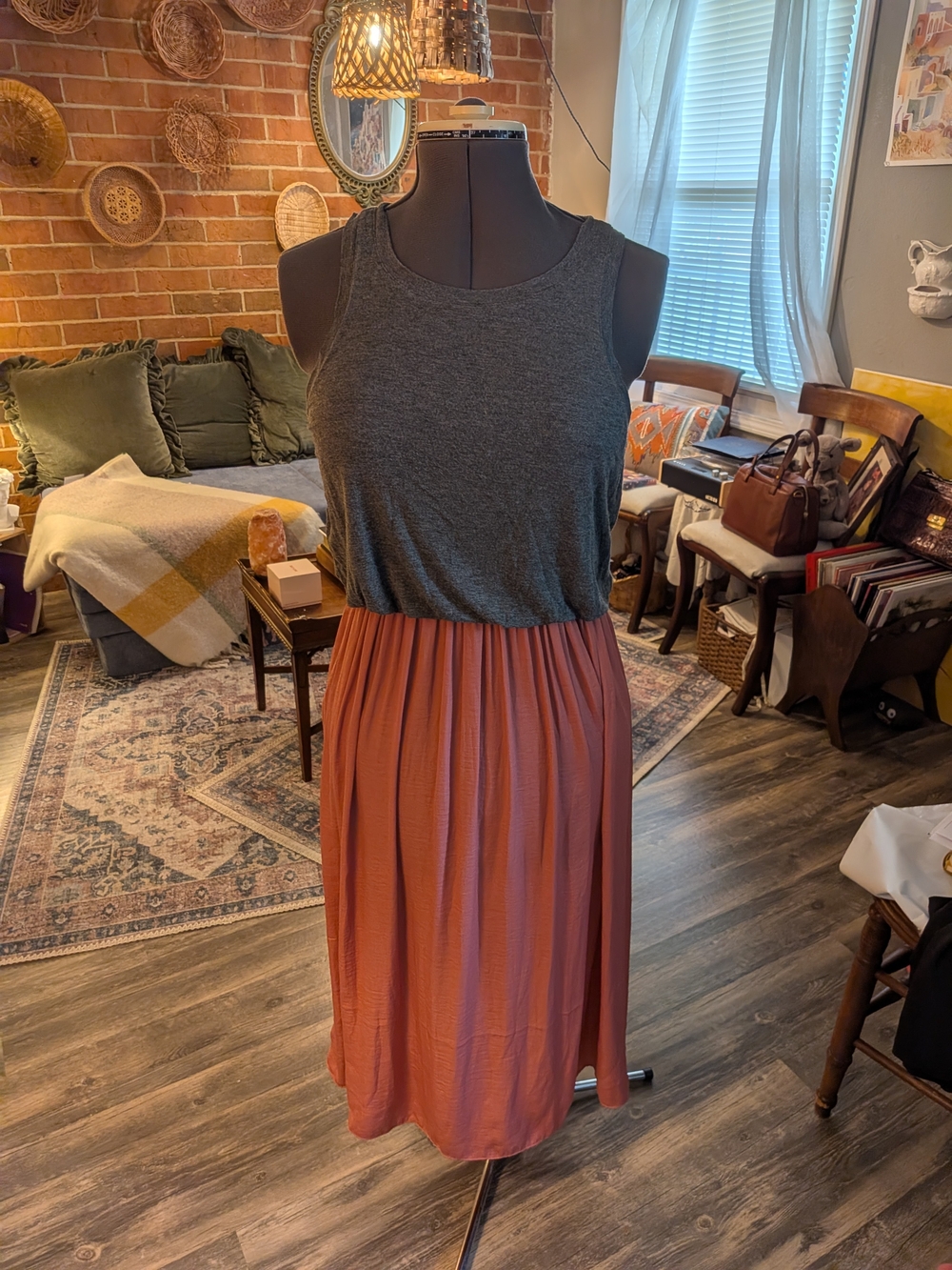LOFT Two-Tone Midi Dress in Charcoal and Coral